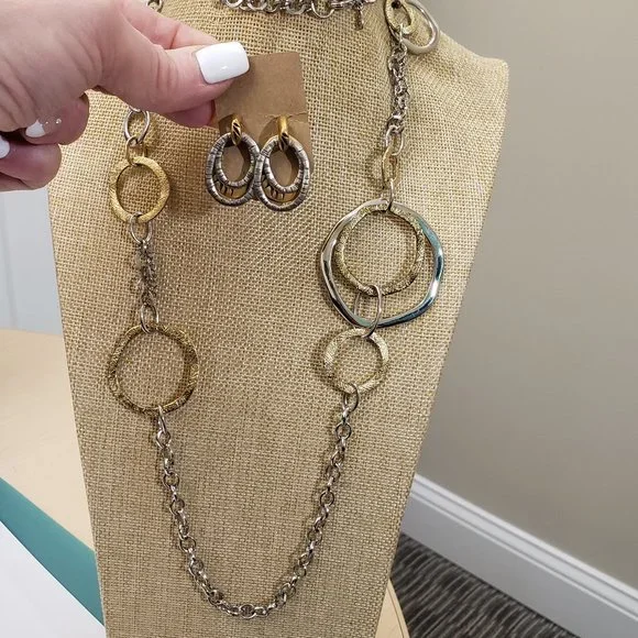 Chico's Jewelry Long Bimetal Circle Link Necklace Earring